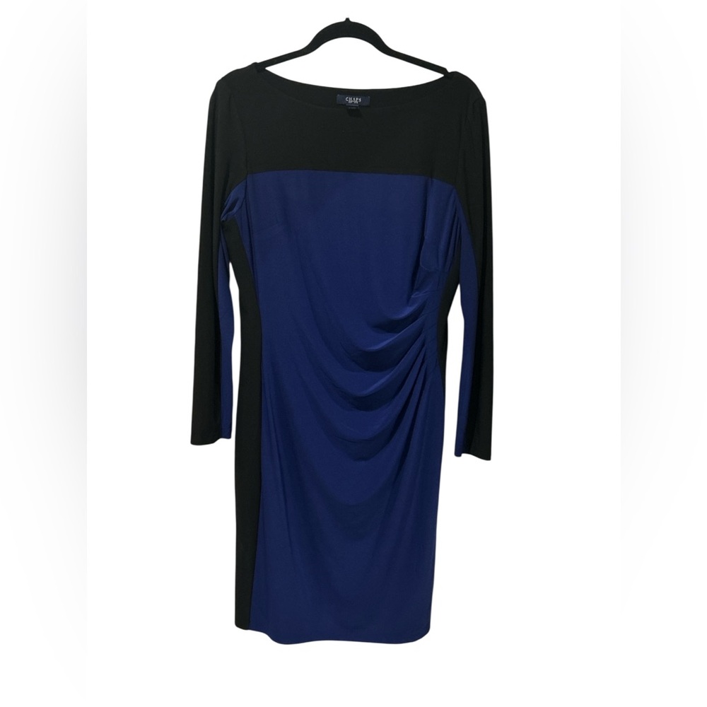 Chaps Ruched Sheath Dress Black and Blue Long Sleeve